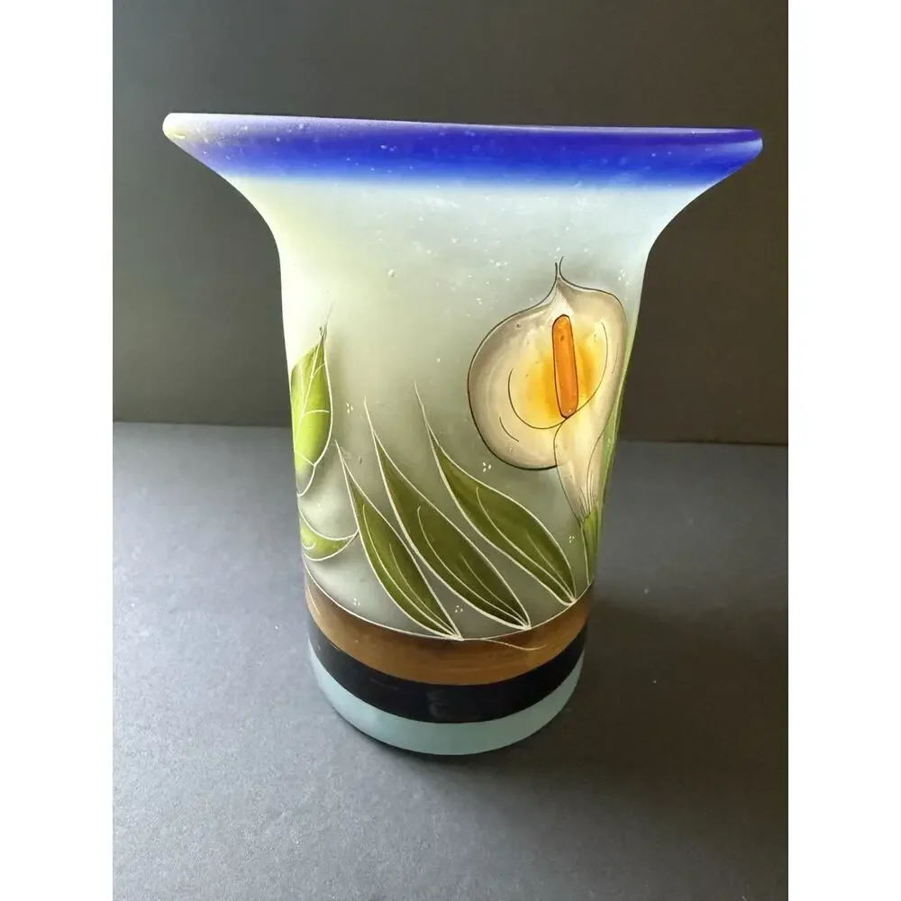 Vintage Hand Blown Mexican Glass Calla Lilly Vase Handpainted Artisan Whimsy